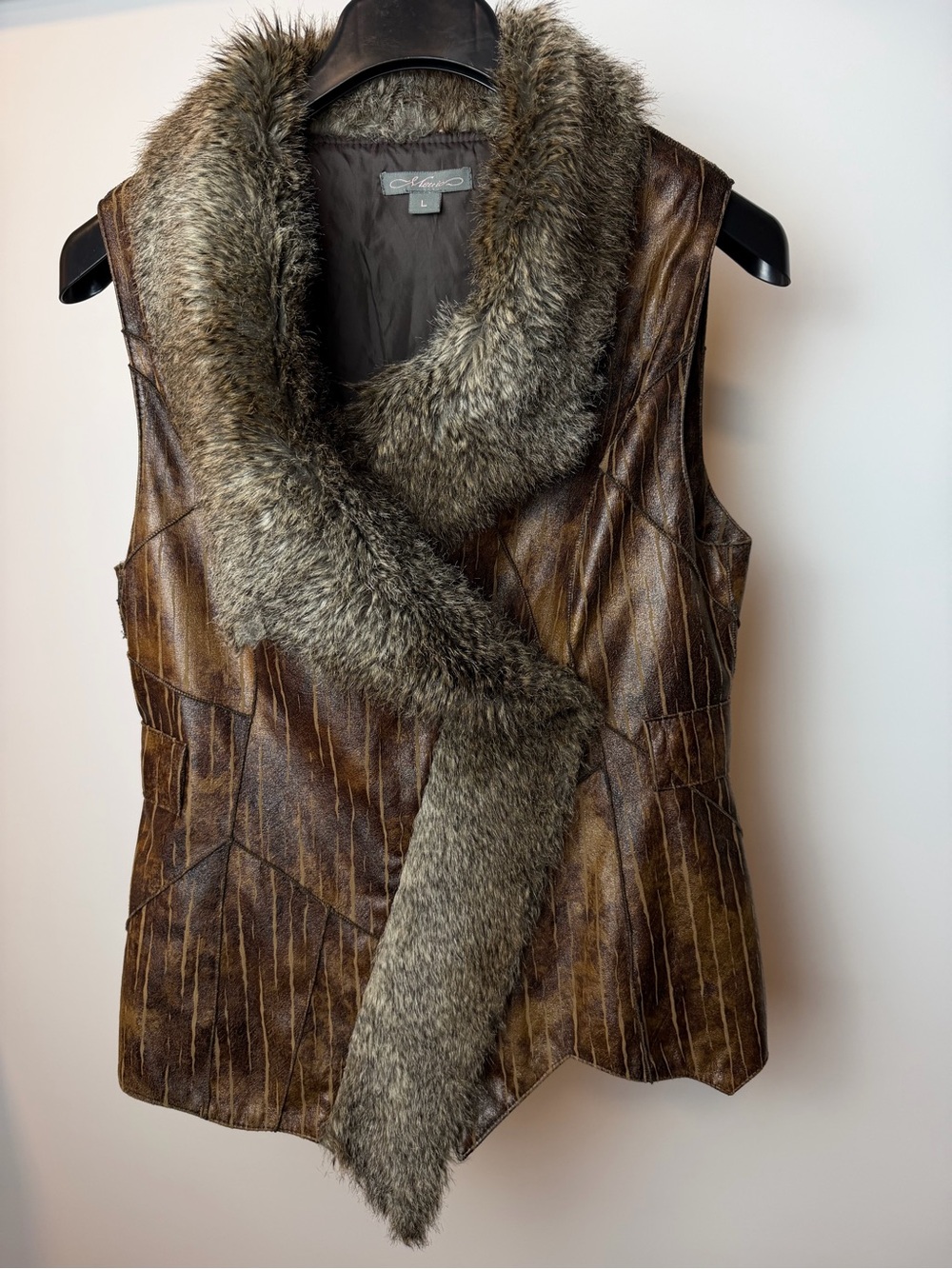 Brown Leather-Look Vest with Plush Faux Fur Shawl Collar